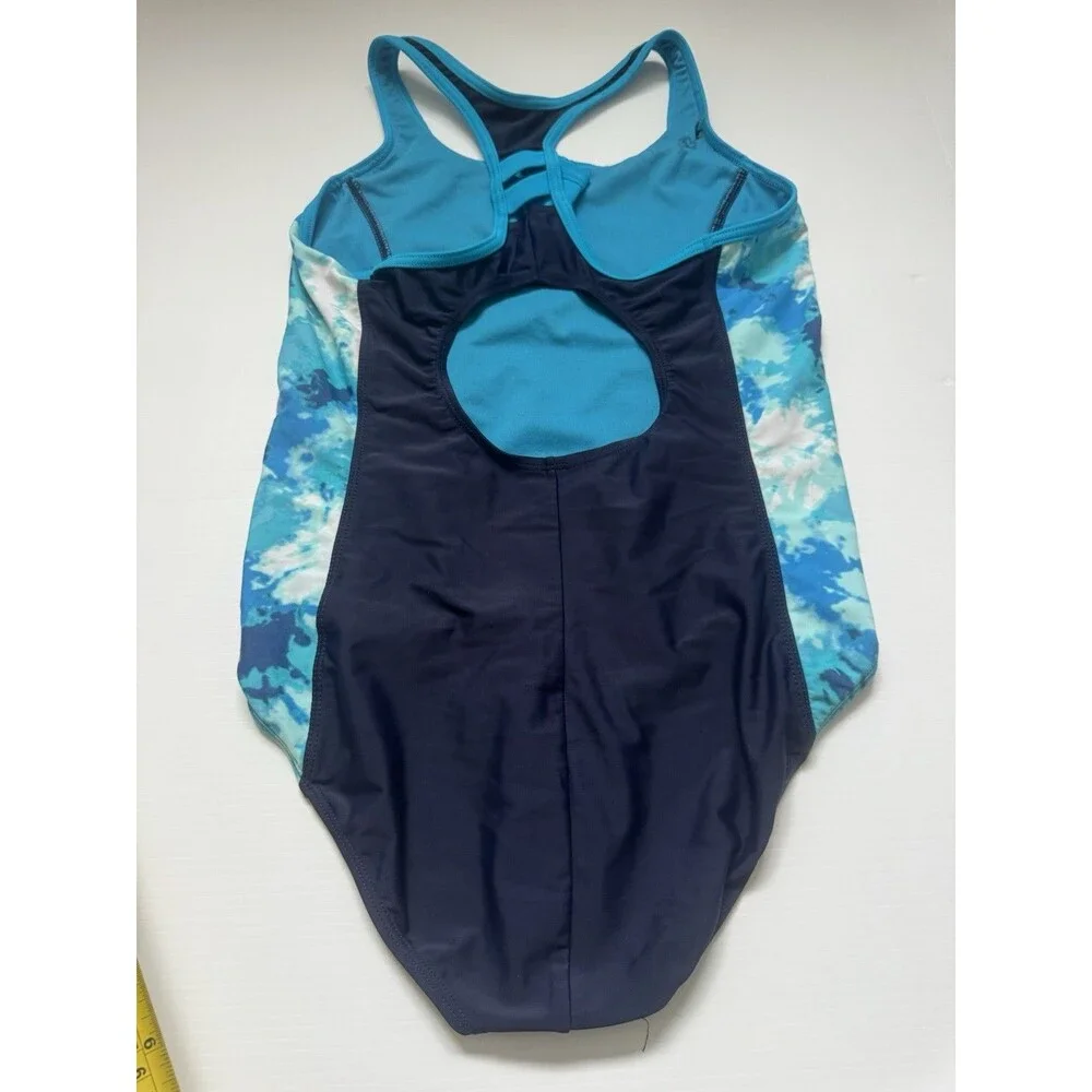 Gerry Girls Size 16 One Piece Swimsuit Navy Blue Turquoise Zip Front